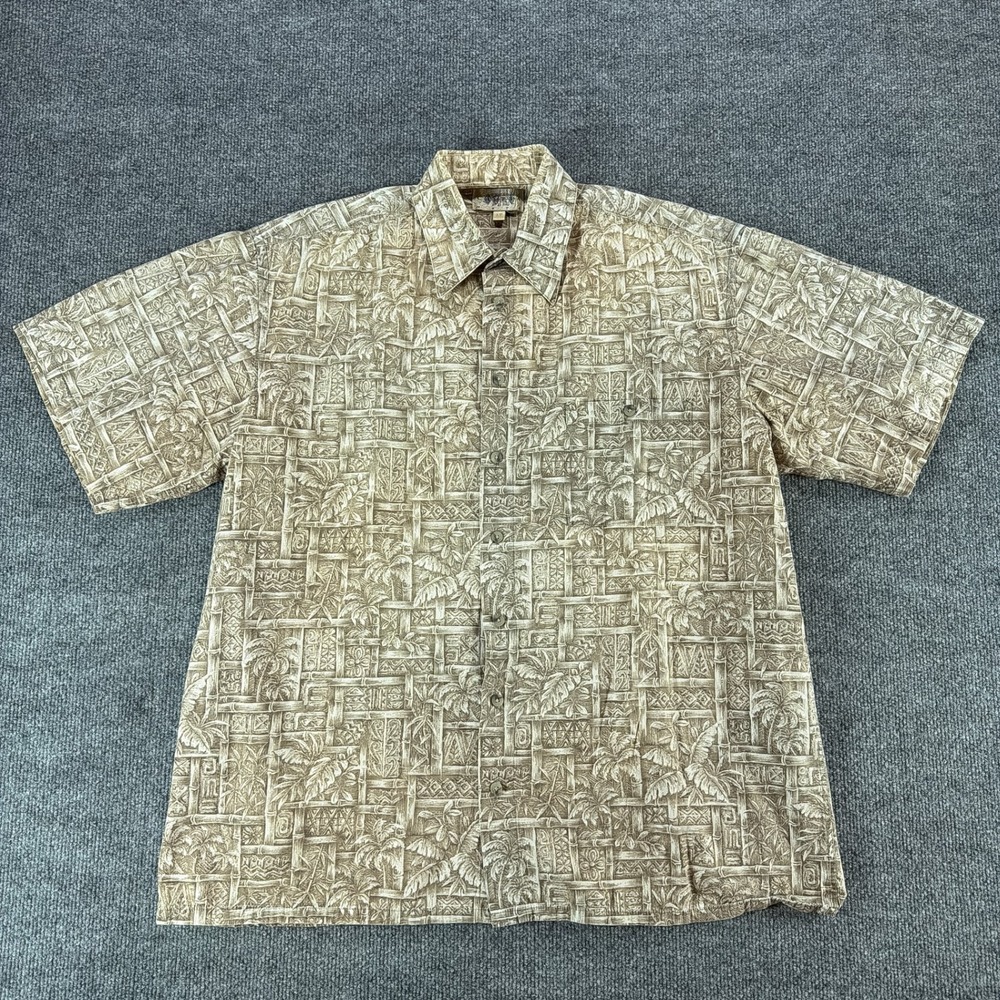 VTG Campia Moda Mens LT Tan Tropical Bamboo Tiki Print Short Sleeve Button Down